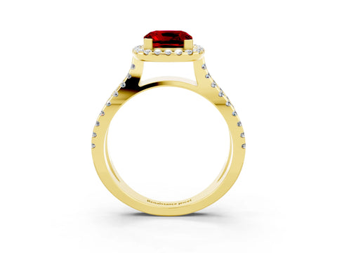 Yellow gold Cushion Cut Ruby Halo Ring with Split Shank Pavé Band and Prong Setting_3