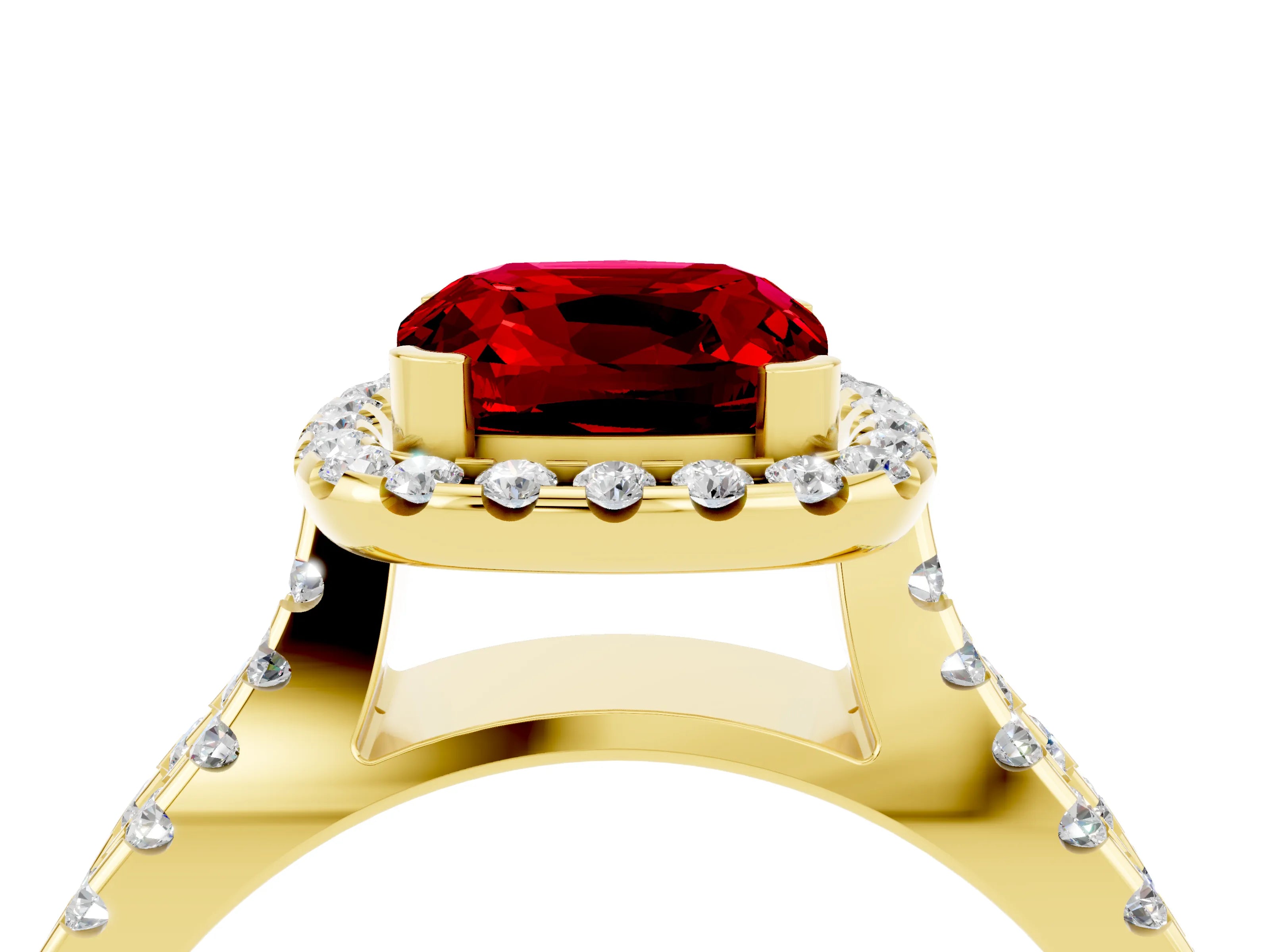 Yellow gold Cushion Cut Ruby Halo Ring with Split Shank Pavé Band and Prong Setting_4