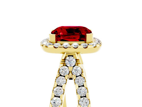Yellow gold Cushion Cut Ruby Halo Ring with Split Shank Pavé Band and Prong Setting_5