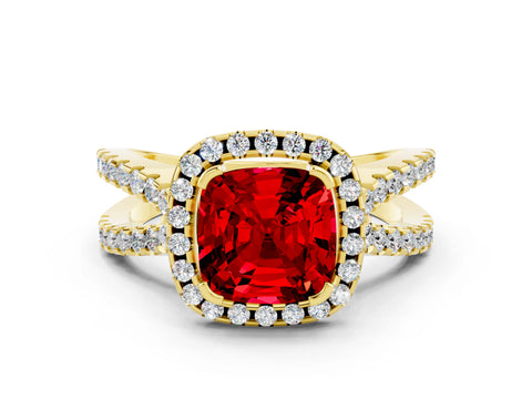 Yellow gold Cushion Cut Ruby Halo Ring with Split Shank Pavé Band and Prong Setting