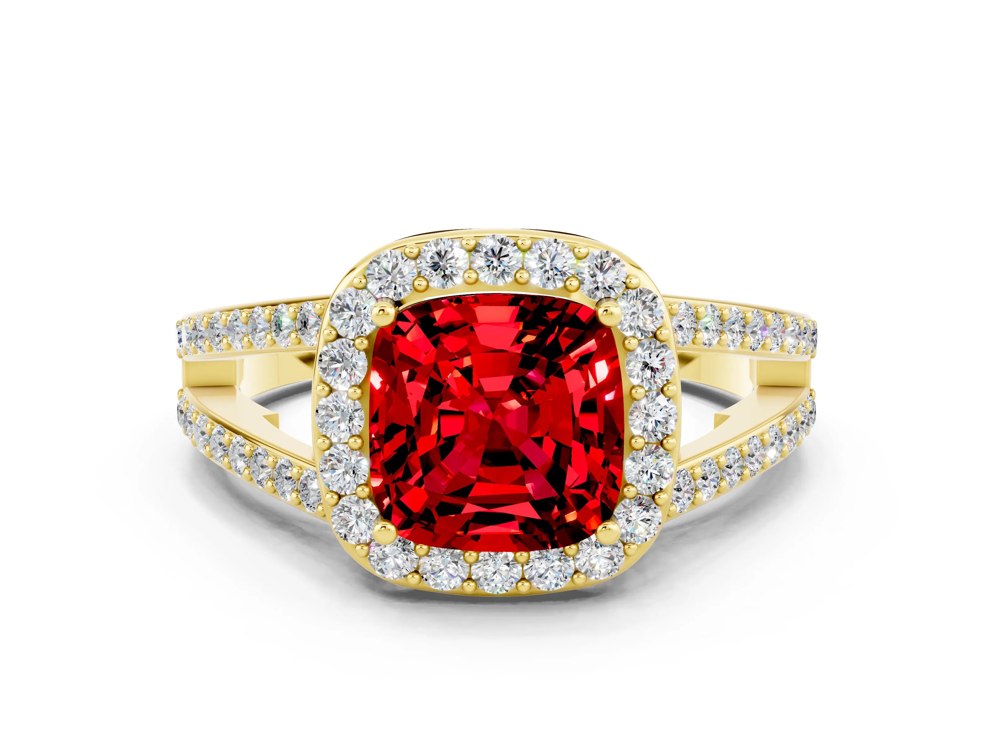 Yellow gold Cushion Cut Ruby Halo Ring with Split Shank U-Prong Band and Four-Prong Setting