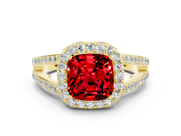 Yellow gold Cushion Cut Ruby Halo Ring with Split Shank U-Prong Band and Four-Prong Setting