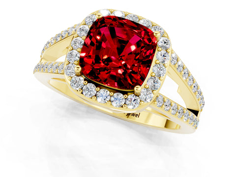 Yellow gold Cushion Cut Ruby Halo Ring with Split Shank U-Prong Band and Four-Prong Setting_1
