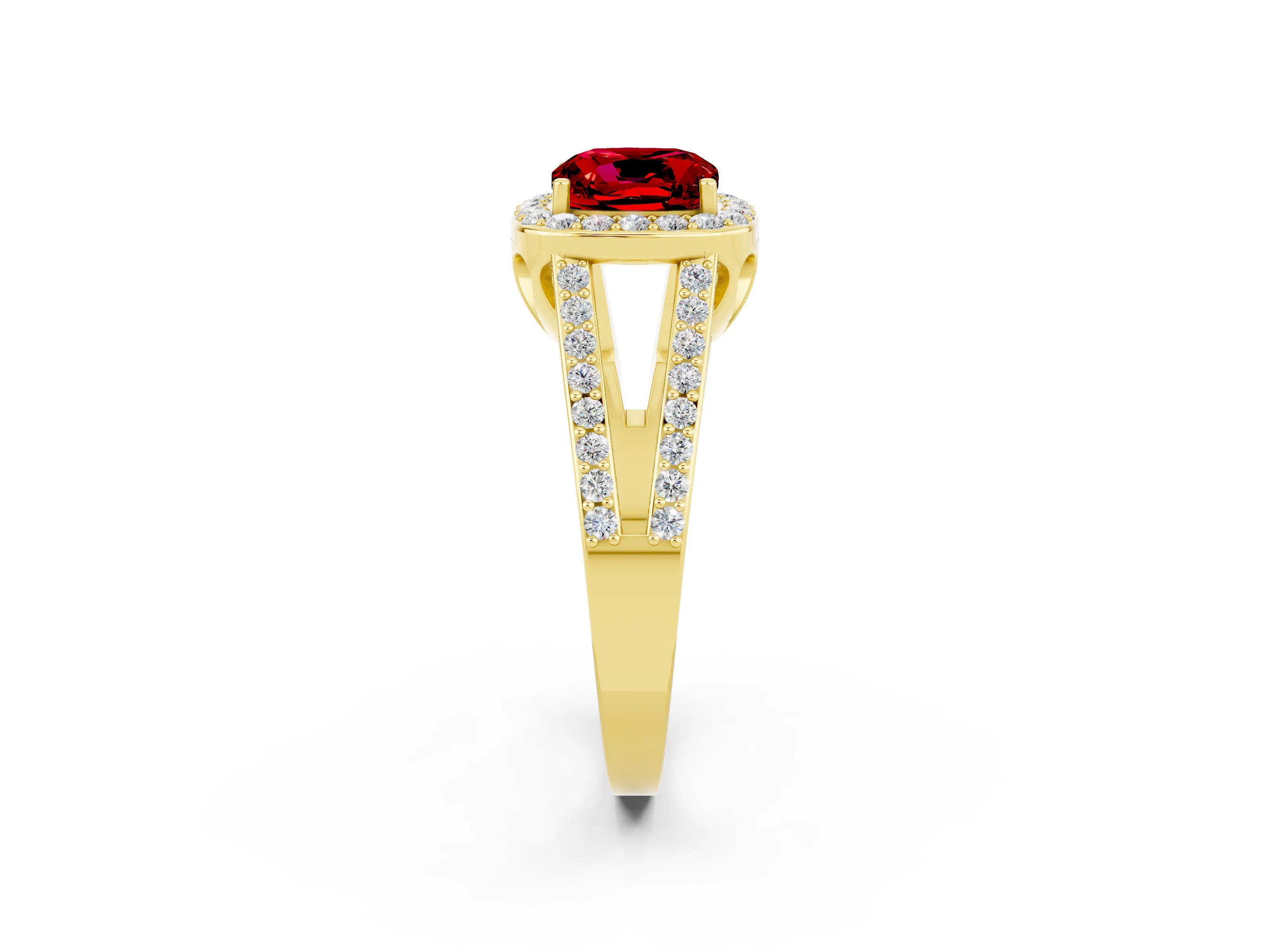 Yellow gold Cushion Cut Ruby Halo Ring with Split Shank U-Prong Band and Four-Prong Setting_2