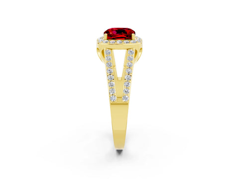 Yellow gold Cushion Cut Ruby Halo Ring with Split Shank U-Prong Band and Four-Prong Setting_2