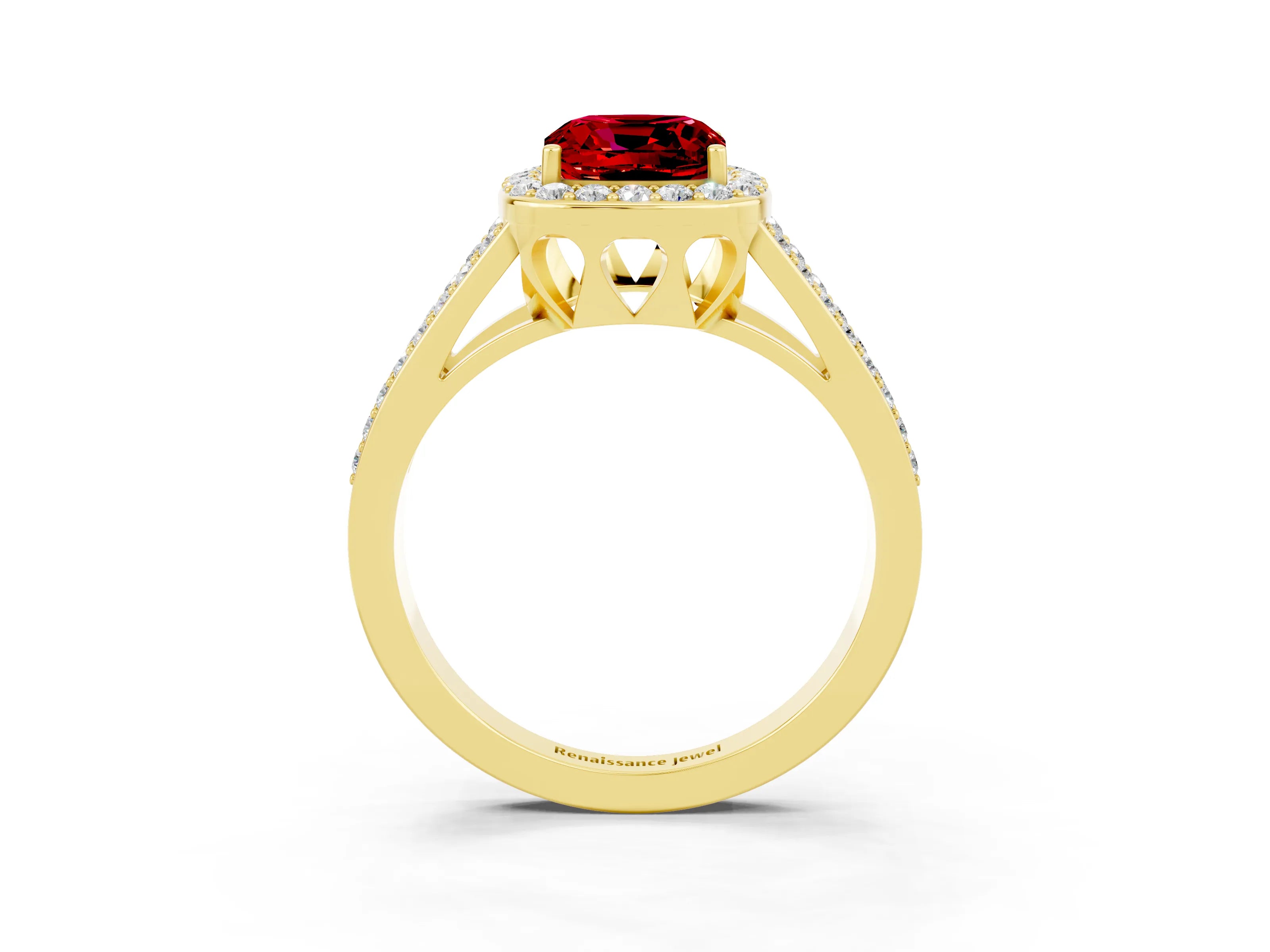 Yellow gold Cushion Cut Ruby Halo Ring with Split Shank U-Prong Band and Four-Prong Setting_3