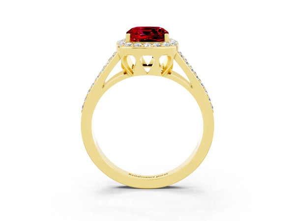 Yellow gold Cushion Cut Ruby Halo Ring with Split Shank U-Prong Band and Four-Prong Setting