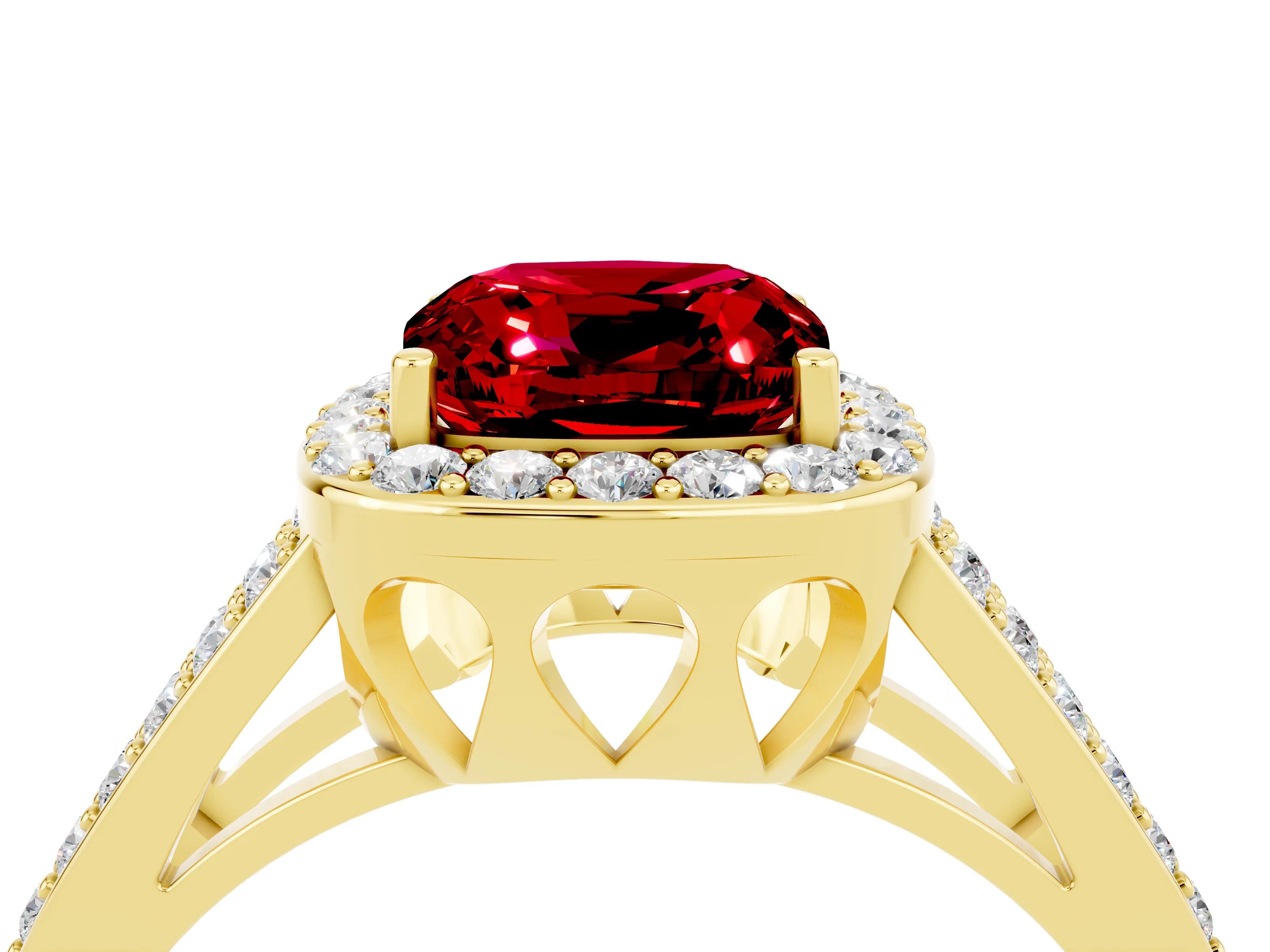Yellow gold Cushion Cut Ruby Halo Ring with Split Shank U-Prong Band and Four-Prong Setting_4