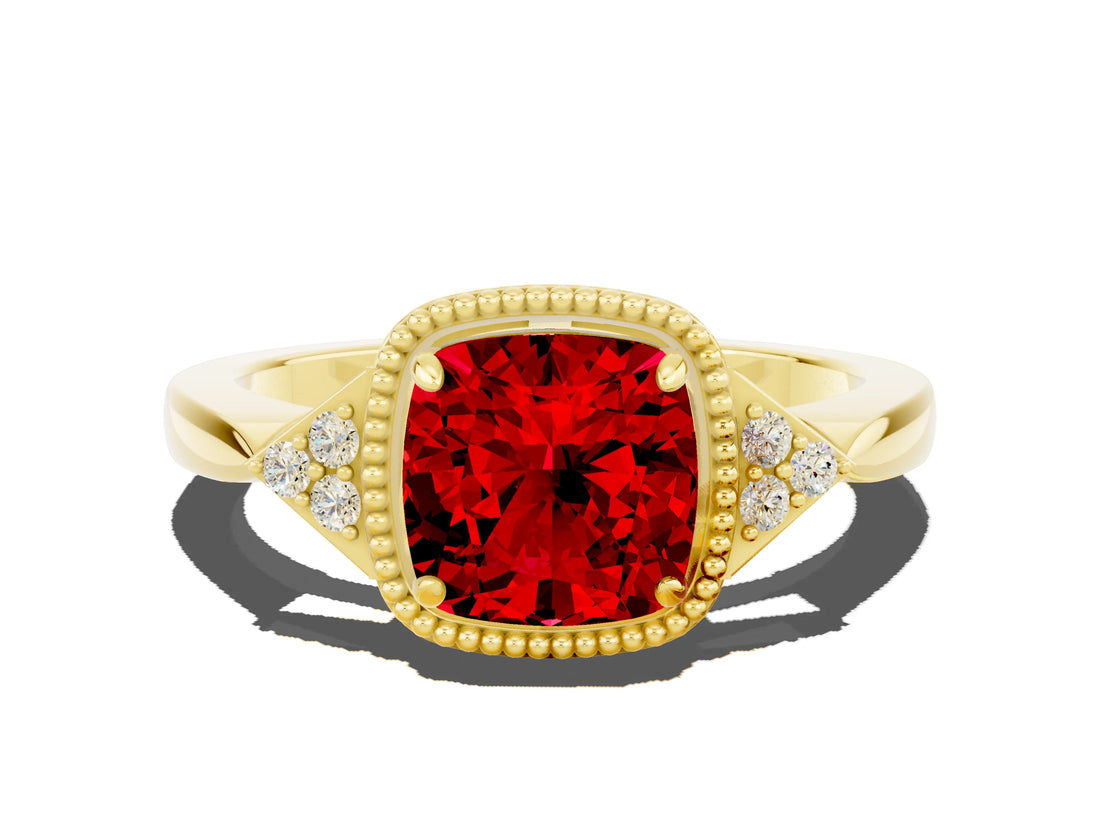 Yellow gold Cushion Cut Ruby Halo Ring with Tapered Band and Four-Prong Setting