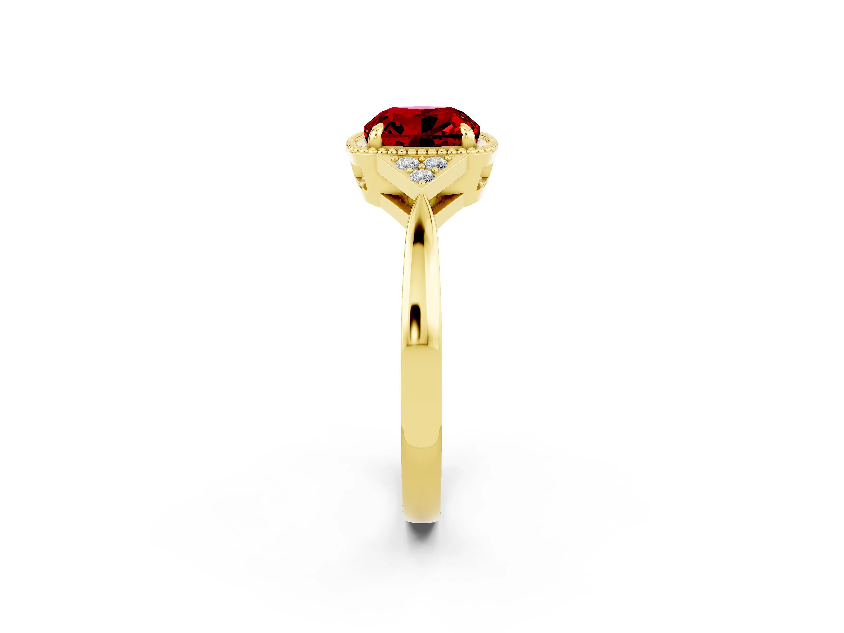 Yellow gold Cushion Cut Ruby Halo Ring with Tapered Band and Four-Prong Setting_2