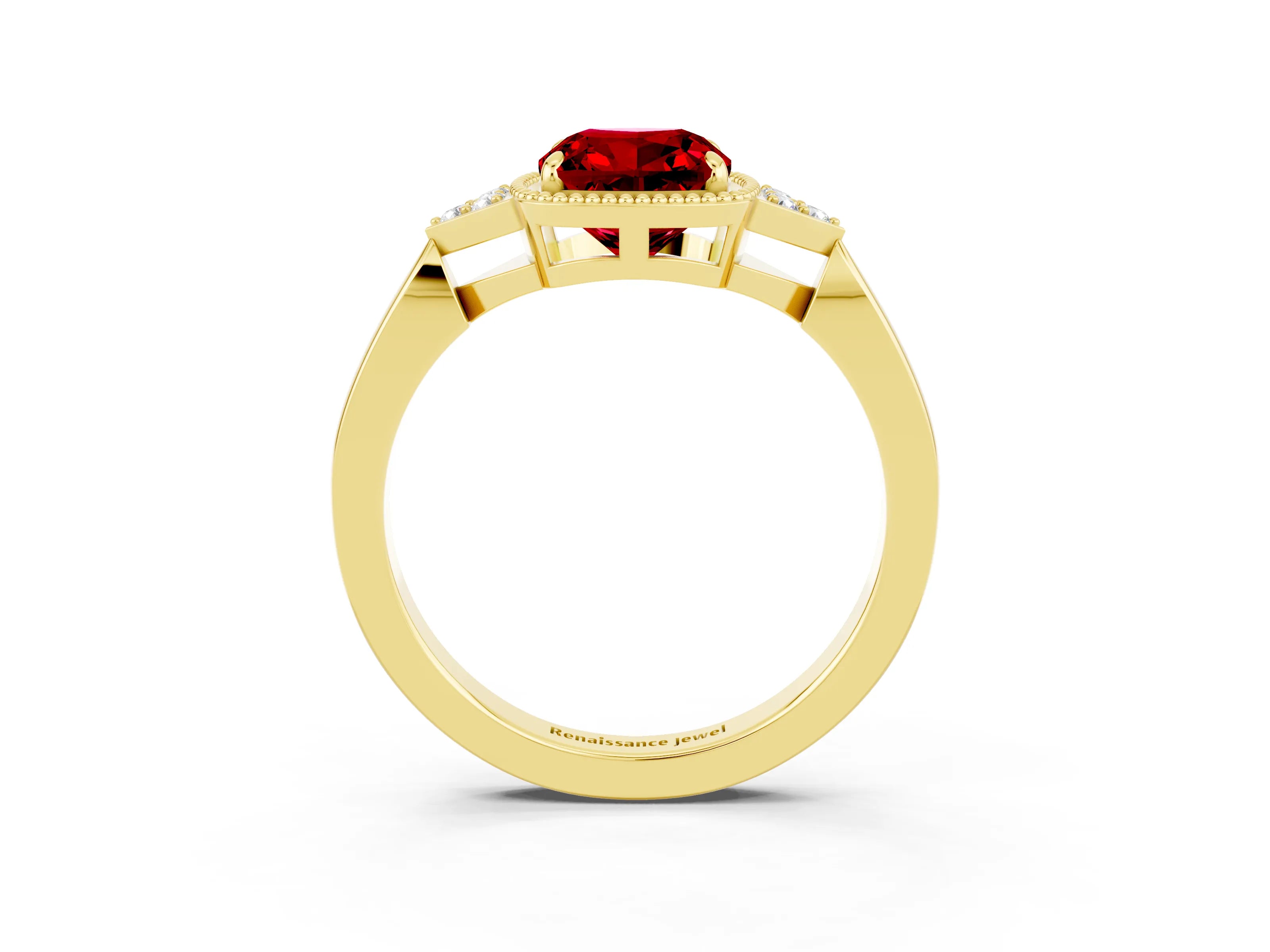 Yellow gold Cushion Cut Ruby Halo Ring with Tapered Band and Four-Prong Setting_3