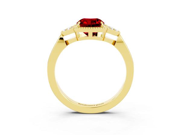 Yellow gold Cushion Cut Ruby Halo Ring with Tapered Band and Four-Prong Setting