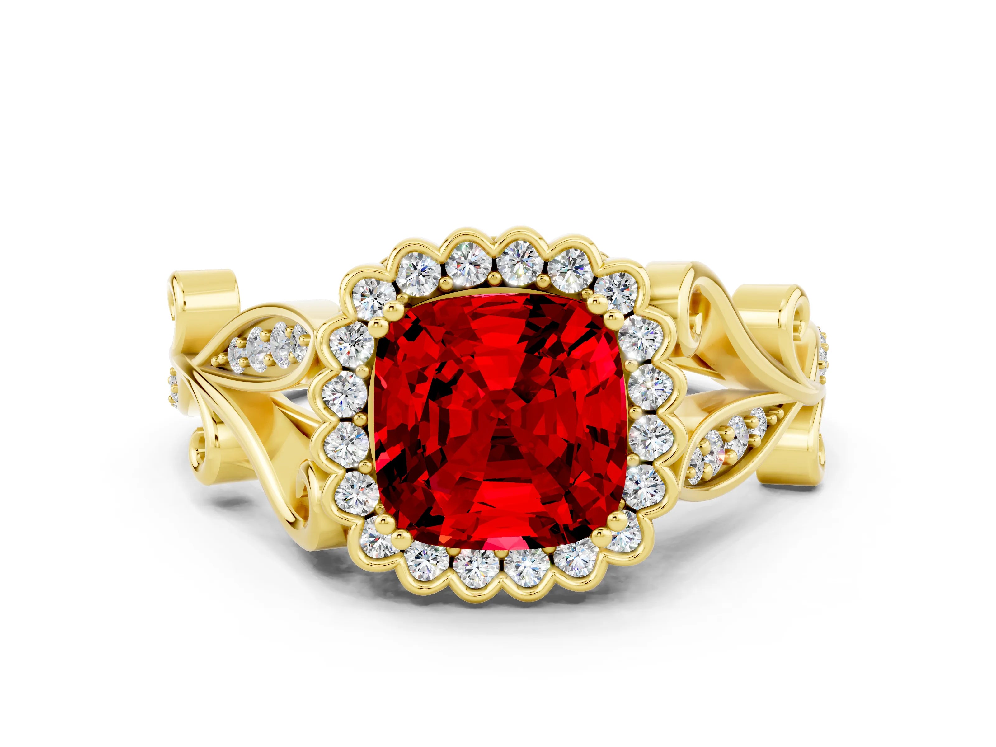 Yellow gold Cushion Cut Ruby Halo Ring with Vintage Split Shank and Four-Prong Setting