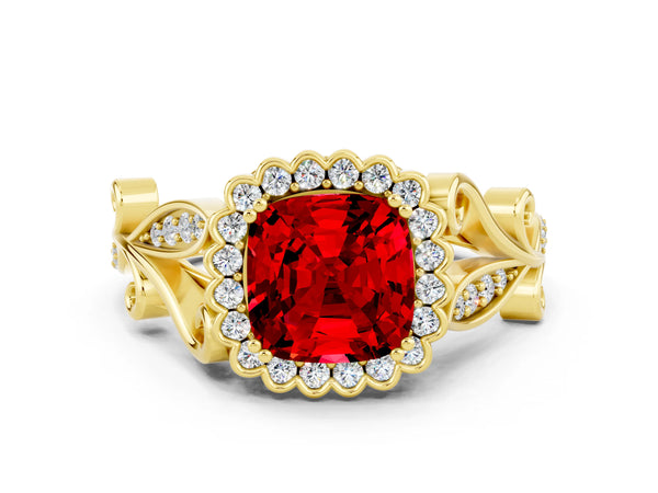 Yellow gold Cushion Cut Ruby Halo Ring with Vintage Split Shank and Four-Prong Setting