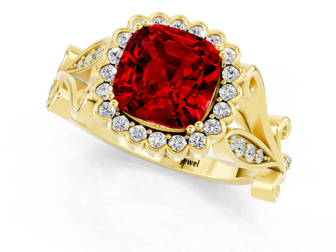 Yellow gold Cushion Cut Ruby Halo Ring with Vintage Split Shank and Four-Prong Setting_1