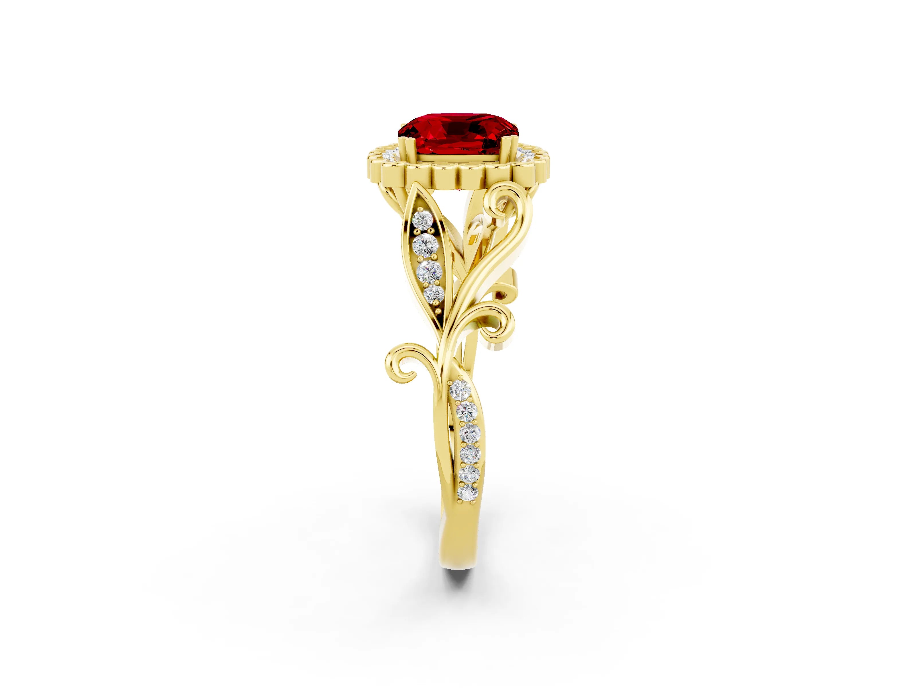 Yellow gold Cushion Cut Ruby Halo Ring with Vintage Split Shank and Four-Prong Setting_2