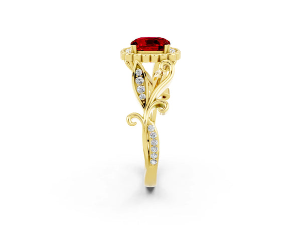 Yellow gold Cushion Cut Ruby Halo Ring with Vintage Split Shank and Four-Prong Setting