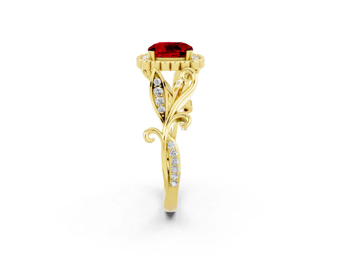 Yellow gold Cushion Cut Ruby Halo Ring with Vintage Split Shank and Four-Prong Setting_2