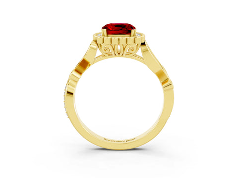 Yellow gold Cushion Cut Ruby Halo Ring with Vintage Split Shank and Four-Prong Setting_3