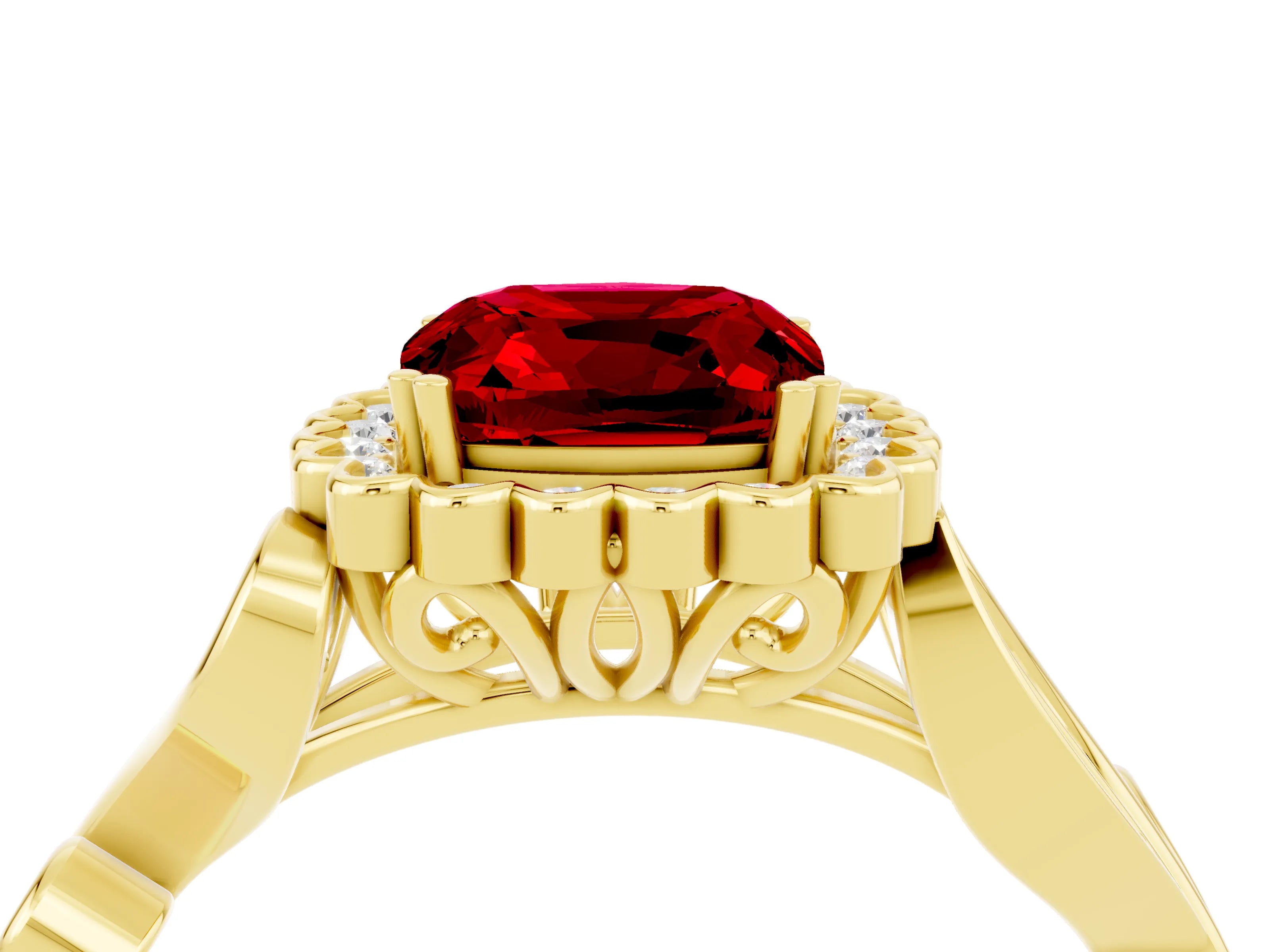 Yellow gold Cushion Cut Ruby Halo Ring with Vintage Split Shank and Four-Prong Setting_4