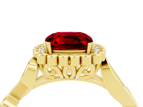 Yellow gold Cushion Cut Ruby Halo Ring with Vintage Split Shank and Four-Prong Setting_4