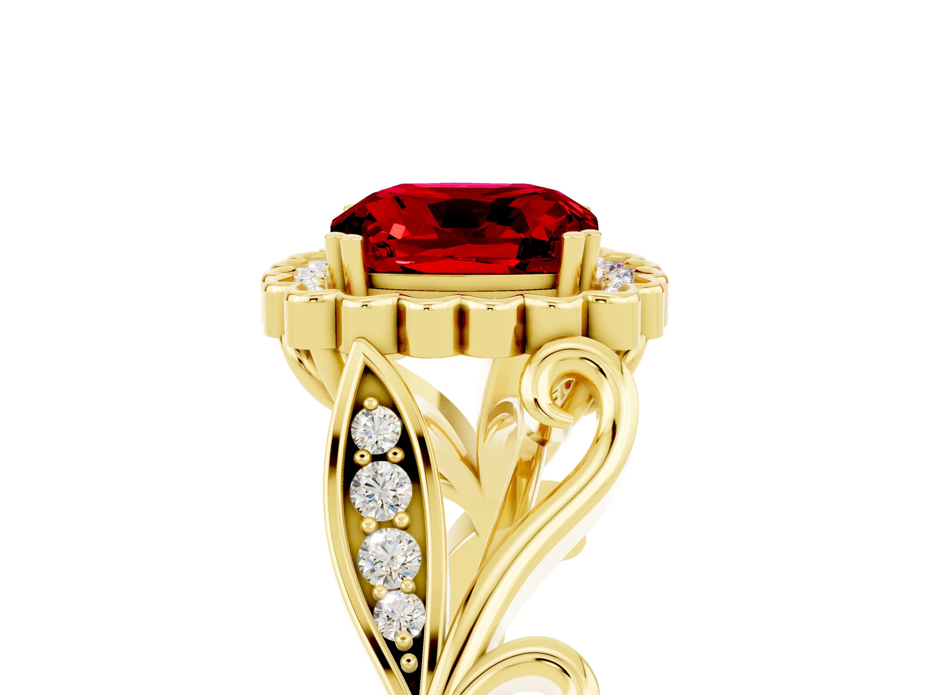 Yellow gold Cushion Cut Ruby Halo Ring with Vintage Split Shank and Four-Prong Setting_5