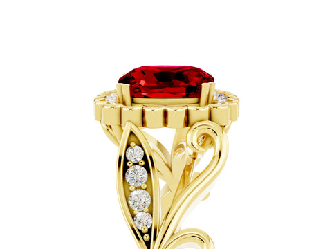 Yellow gold Cushion Cut Ruby Halo Ring with Vintage Split Shank and Four-Prong Setting_5