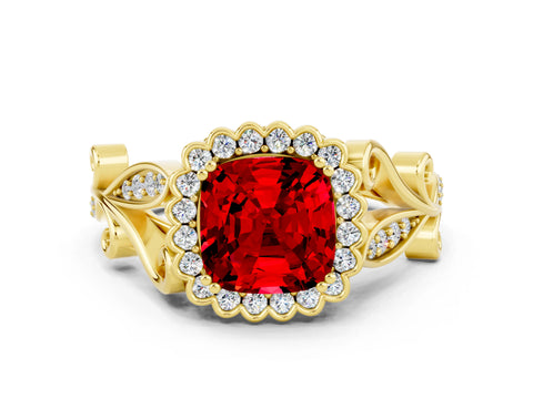 Yellow gold Cushion Cut Ruby Halo Ring with Vintage Split Shank and Four-Prong Setting