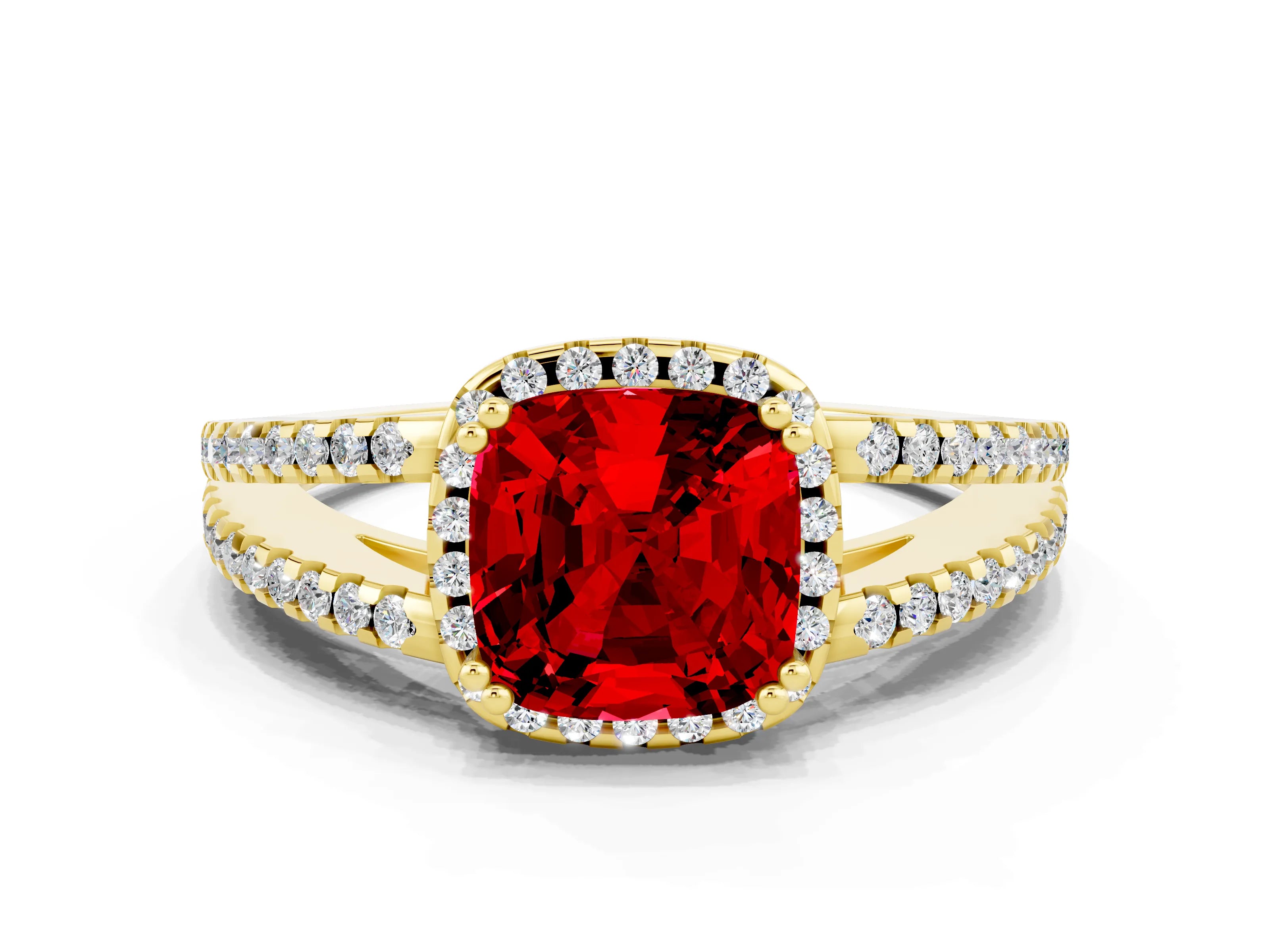Yellow gold Cushion Cut Ruby Halo Split Shank Engagement Ring_12