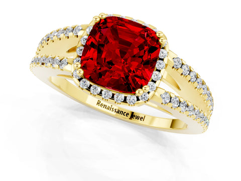 Yellow gold Cushion Cut Ruby Halo Split Shank Engagement Ring_13