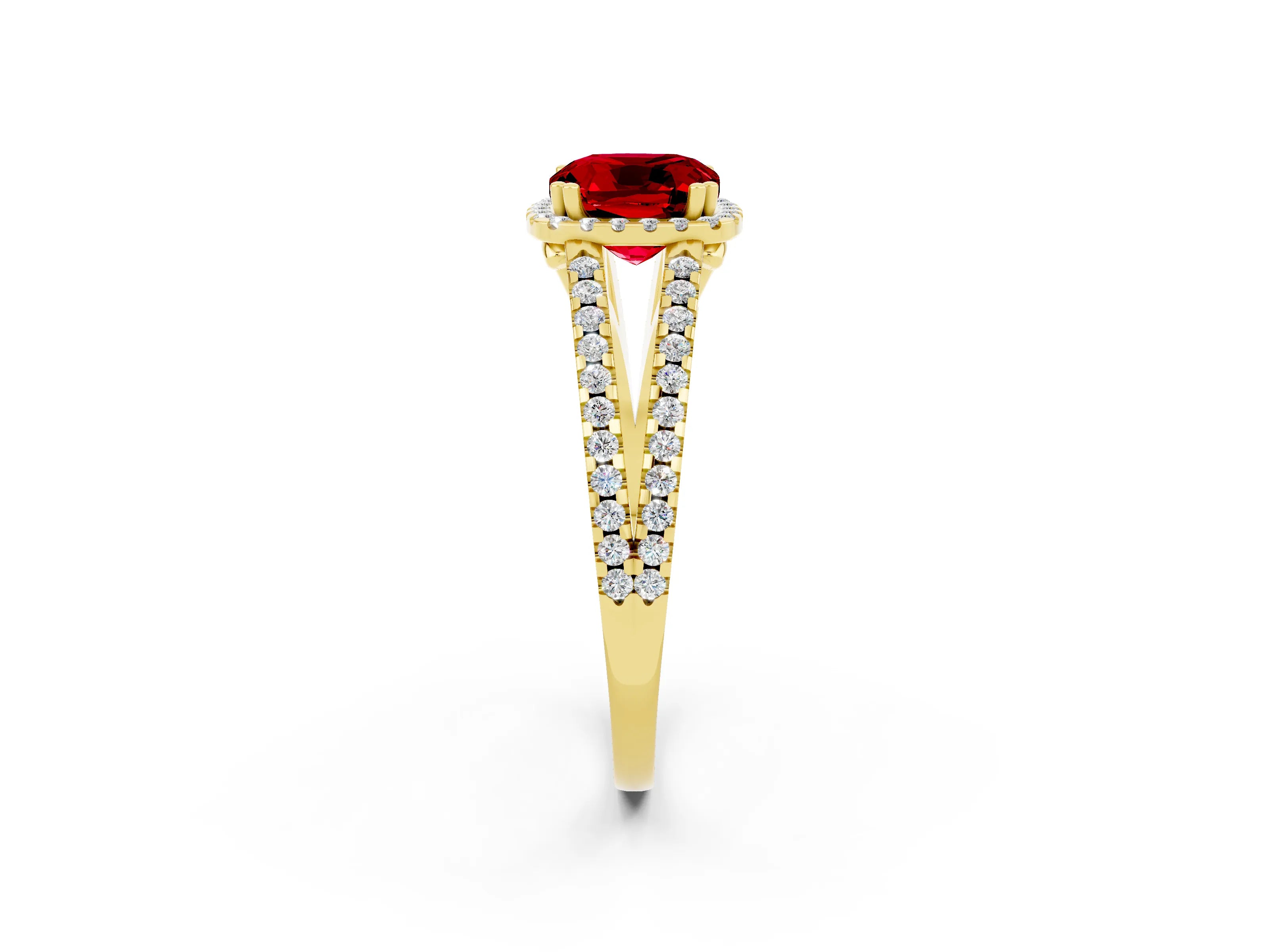 Yellow gold Cushion Cut Ruby Halo Split Shank Engagement Ring_14