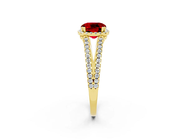 Yellow gold Cushion Cut Ruby Halo Split Shank Engagement Ring