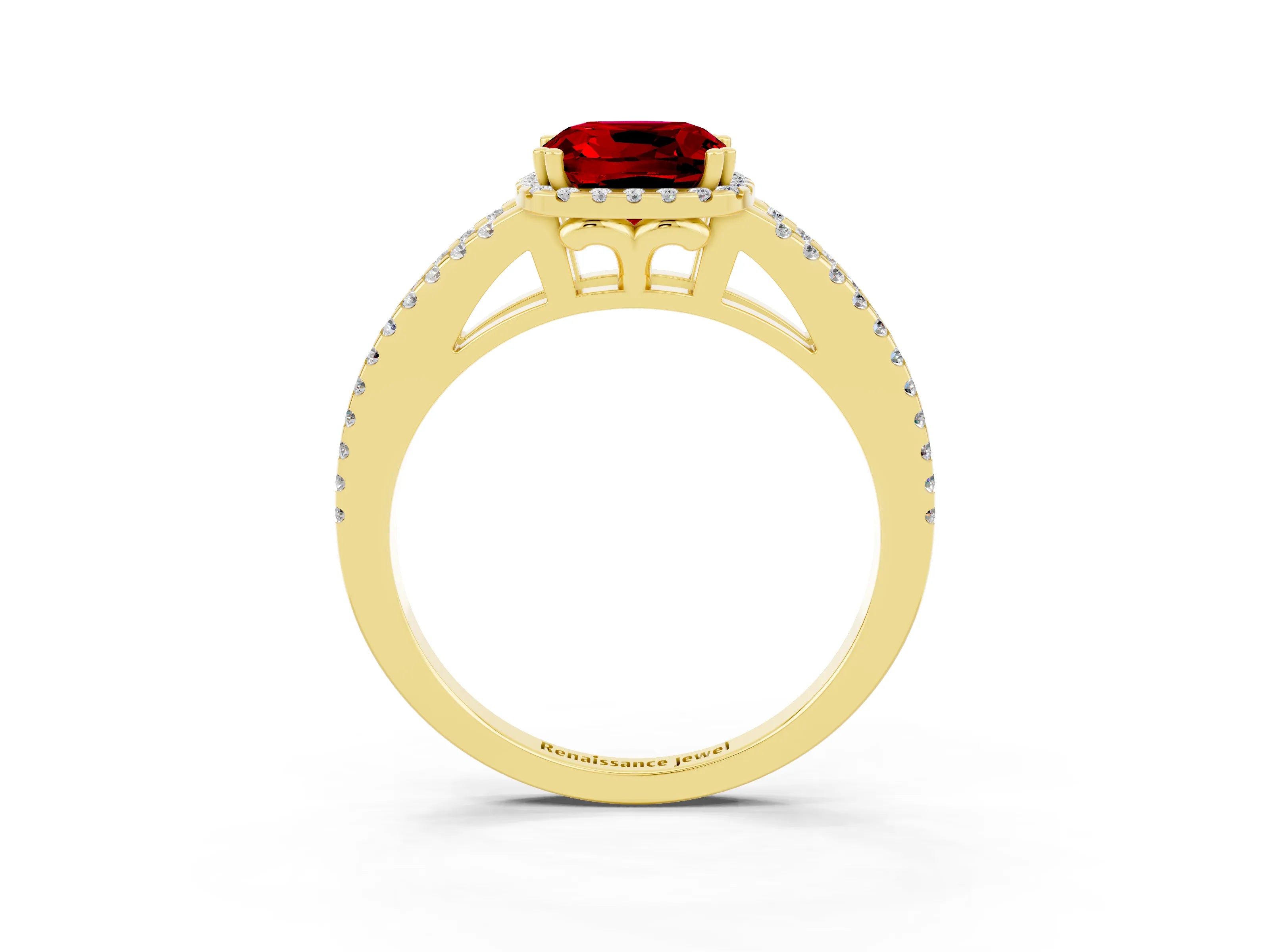 Yellow gold Cushion Cut Ruby Halo Split Shank Engagement Ring_15