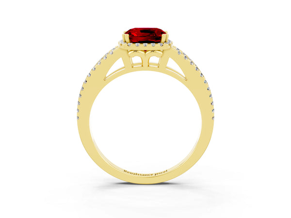 Yellow gold Cushion Cut Ruby Halo Split Shank Engagement Ring