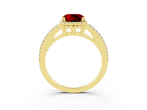 Yellow gold Cushion Cut Ruby Halo Split Shank Engagement Ring_15