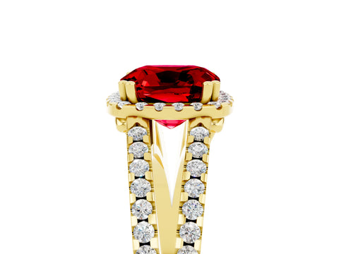 Yellow gold Cushion Cut Ruby Halo Split Shank Engagement Ring_17