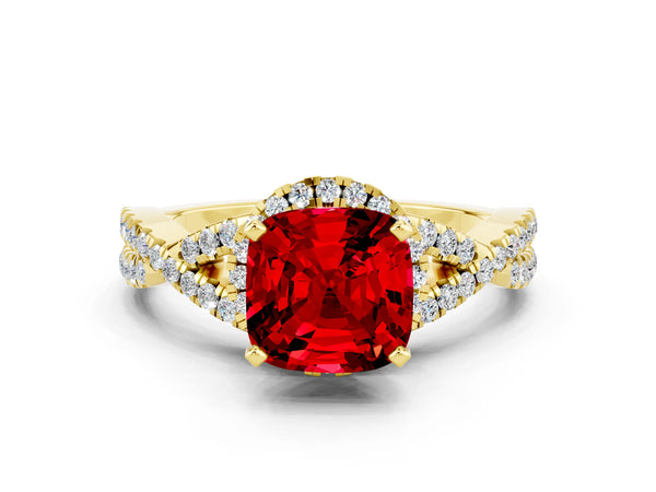 Yellow gold Cushion Cut Ruby  Halo Twist Band Solitaire Prong Setting Ring