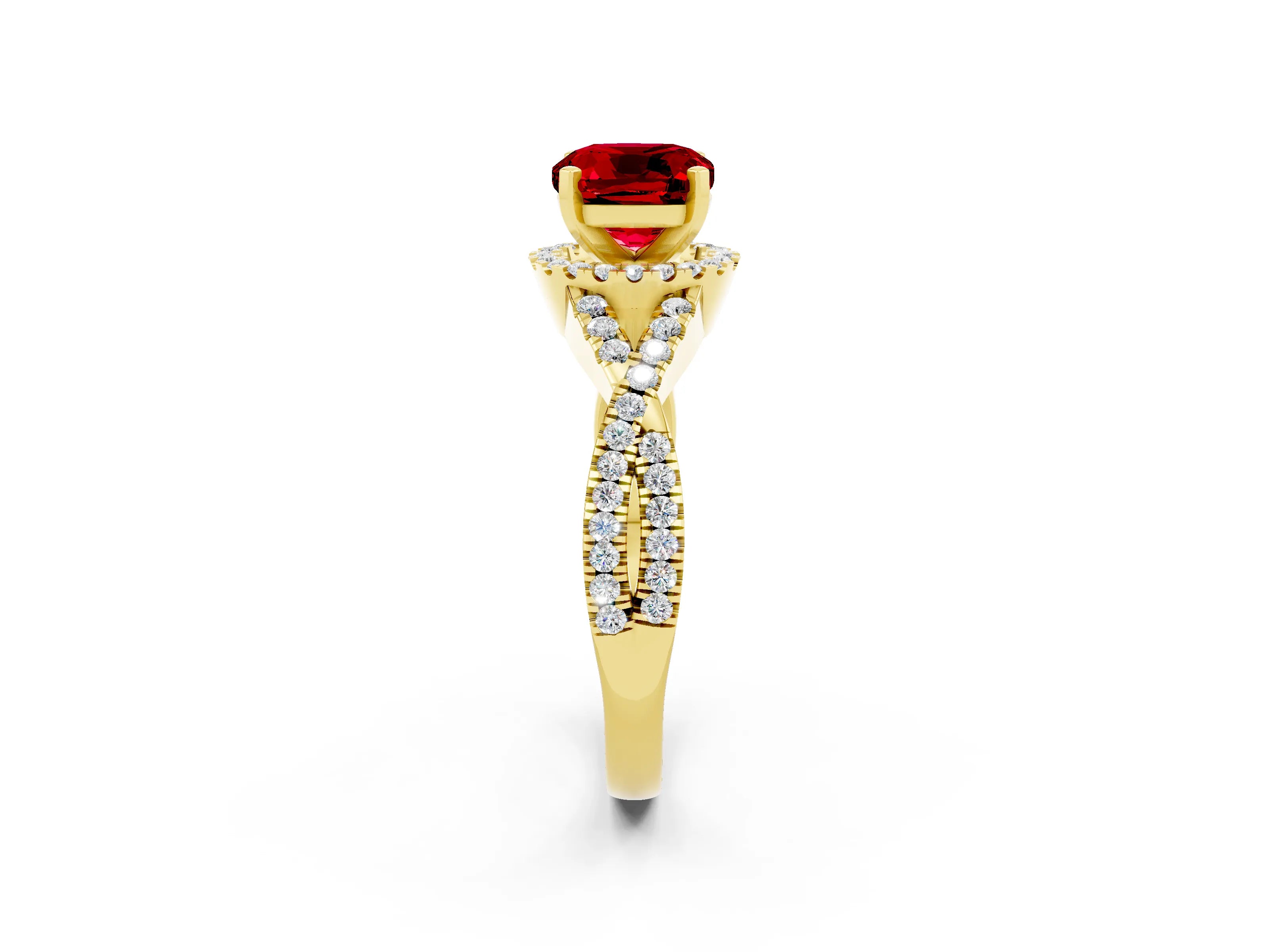 Yellow gold Cushion Cut Ruby Halo Twist Band Solitaire Prong Setting Ring_2