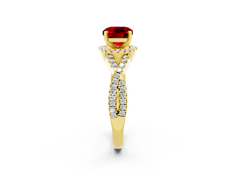 Yellow gold Cushion Cut Ruby Halo Twist Band Solitaire Prong Setting Ring_2
