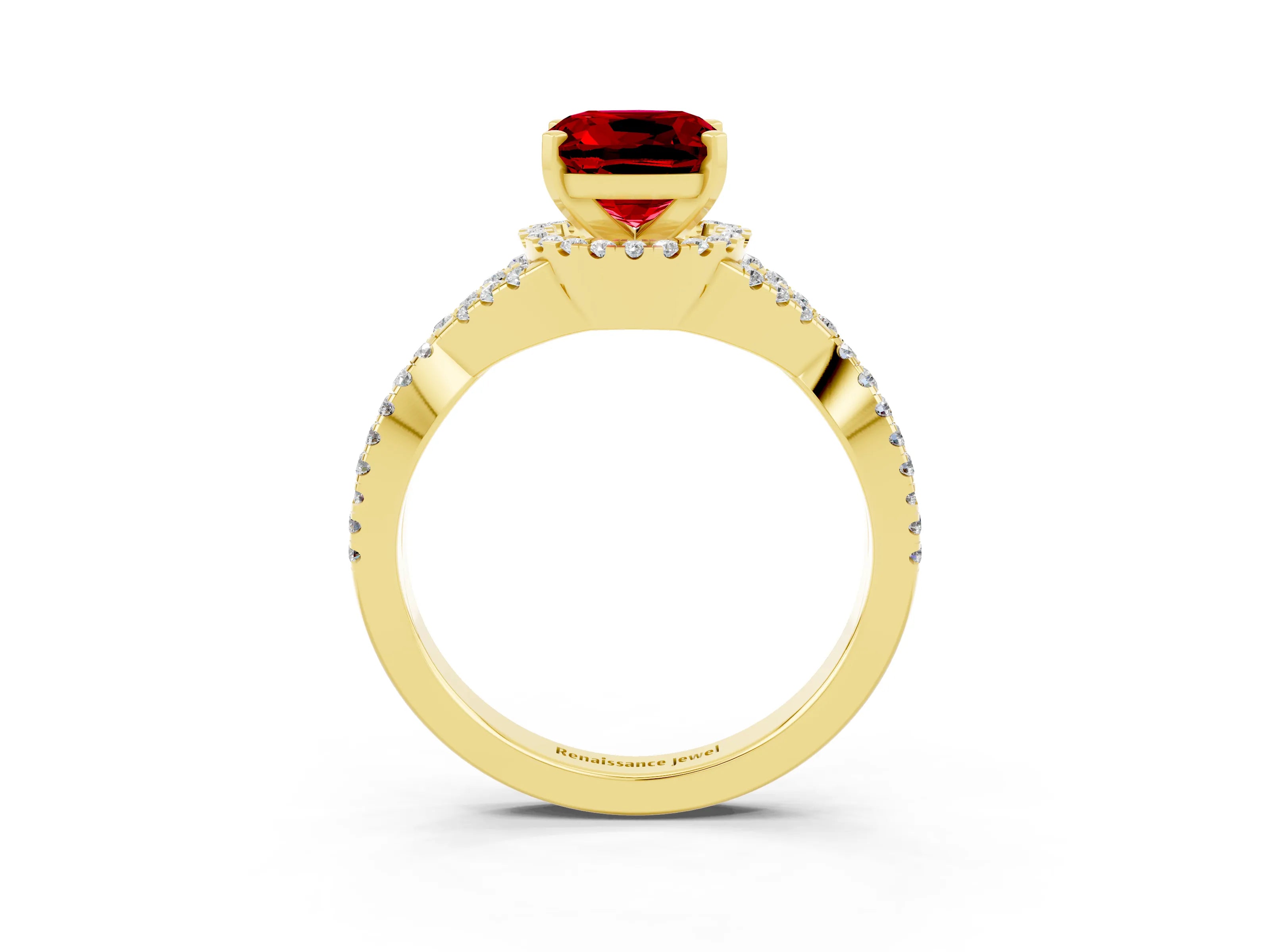 Yellow gold Cushion Cut Ruby Halo Twist Band Solitaire Prong Setting Ring_3