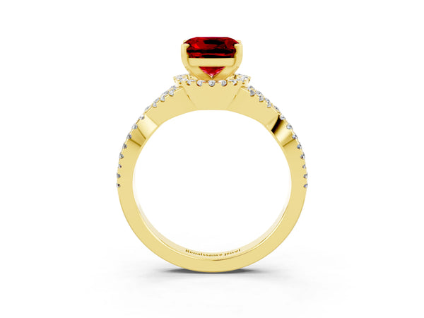 Yellow gold Cushion Cut Ruby  Halo Twist Band Solitaire Prong Setting Ring