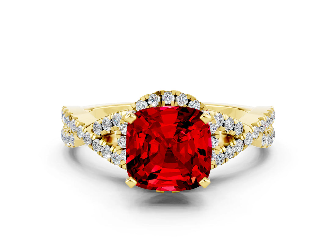 Yellow gold Cushion Cut Ruby  Halo Twist Band Solitaire Prong Setting Ring_36