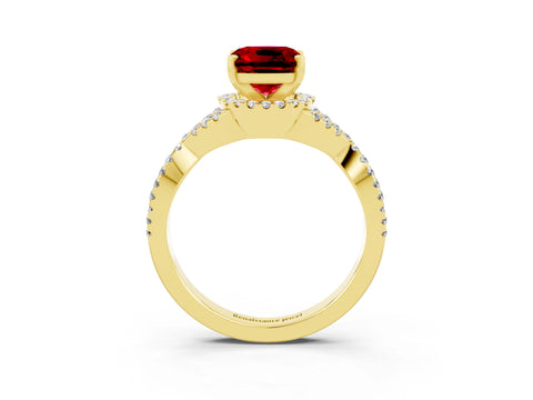 Yellow gold Cushion Cut Ruby Halo Twist Band Solitaire Prong Setting Ring_3