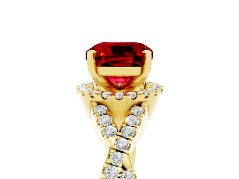 Yellow gold Cushion Cut Ruby Halo Twist Band Solitaire Prong Setting Ring_5
