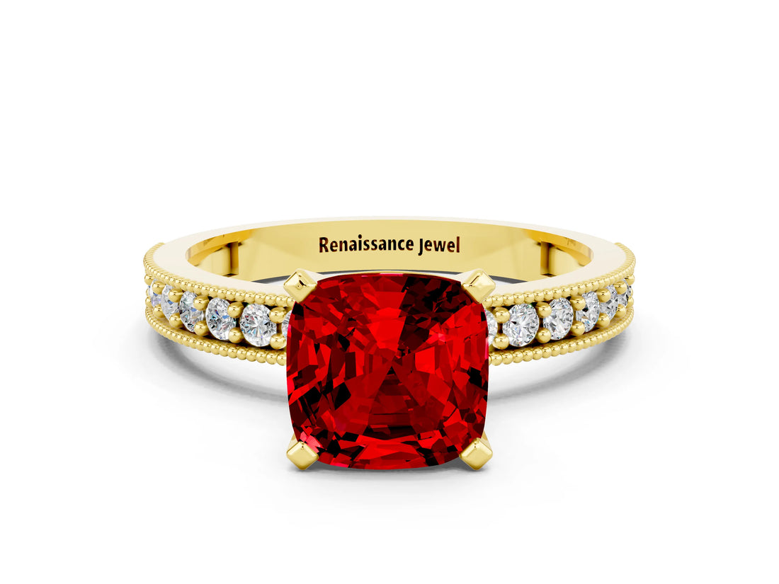 Yellow gold Cushion Cut Ruby Milgrain Pavé Engagement Ring with Four-Prong Setting_12