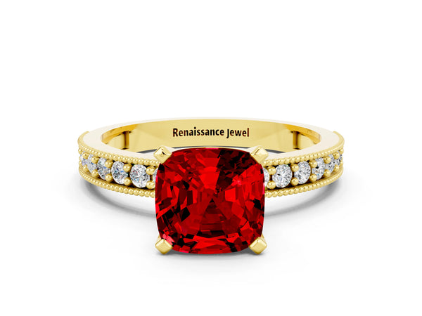 Yellow gold Cushion Cut Ruby Milgrain Pavé Engagement Ring with Four-Prong Setting