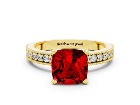 Yellow gold Cushion Cut Ruby Milgrain Pavé Engagement Ring with Four-Prong Setting_12