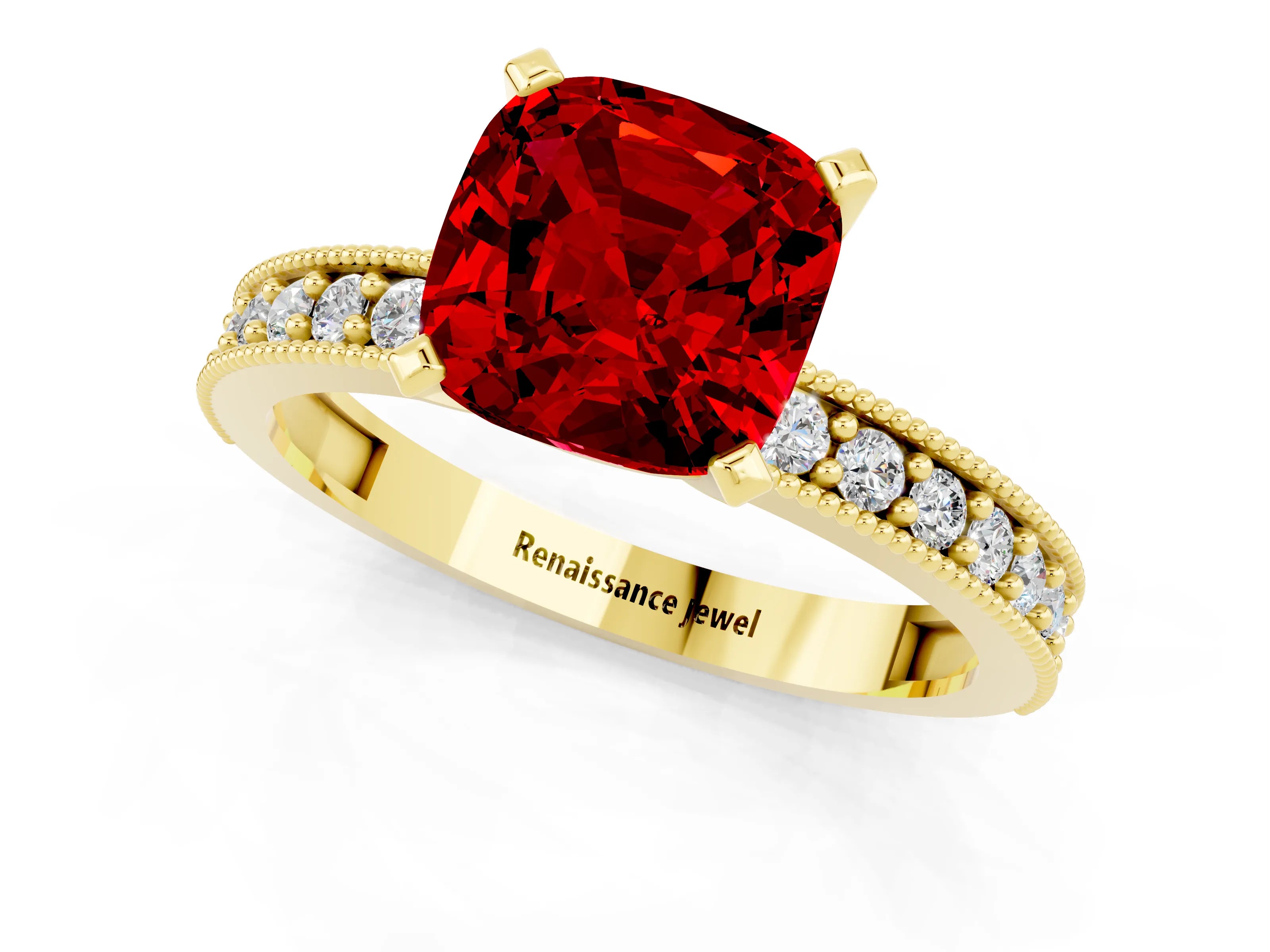 Yellow gold Cushion Cut Ruby Milgrain Pavé Engagement Ring with Four-Prong Setting_13