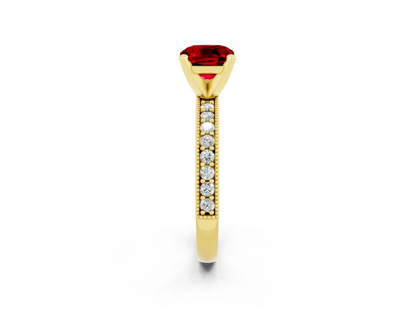 Yellow gold Cushion Cut Ruby Milgrain Pavé Engagement Ring with Four-Prong Setting