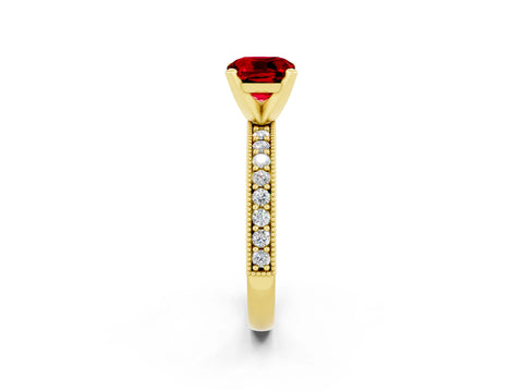 Yellow gold Cushion Cut Ruby Milgrain Pavé Engagement Ring with Four-Prong Setting_14
